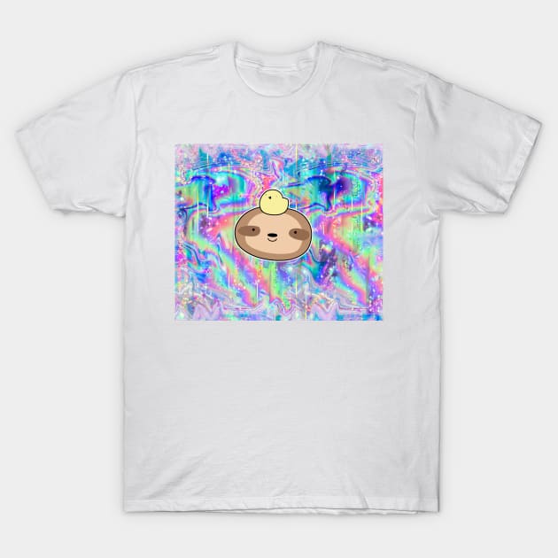 Sloth Face and Baby Chick Rainbow Holographic T-Shirt by saradaboru